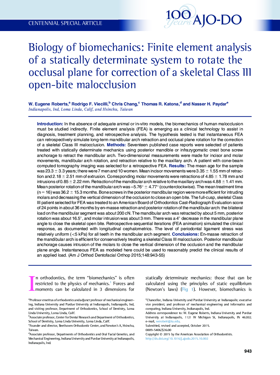 Biology of biomechanics: Finite element analysis of a statically determinate system to rotate the occlusal plane for correction of a skeletal Class III open-bite malocclusion