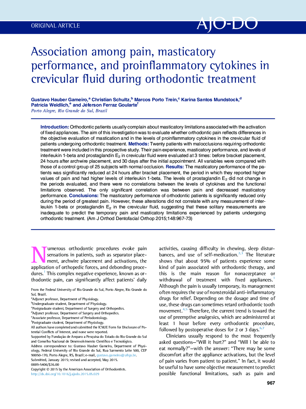 Association among pain, masticatory performance, and proinflammatory cytokines in crevicular fluid during orthodontic treatment 