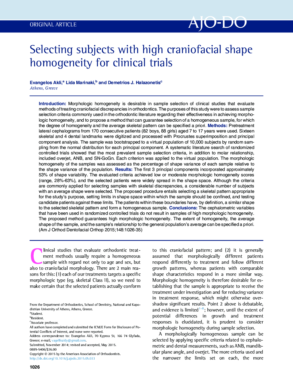 Selecting subjects with high craniofacial shape homogeneity for clinical trials 