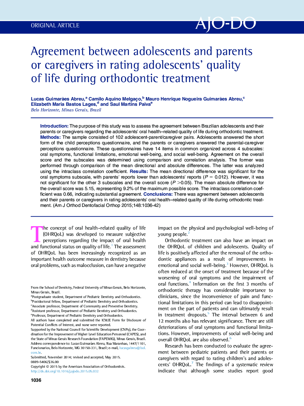 Agreement between adolescents and parents or caregivers in rating adolescents' quality of life during orthodontic treatment 