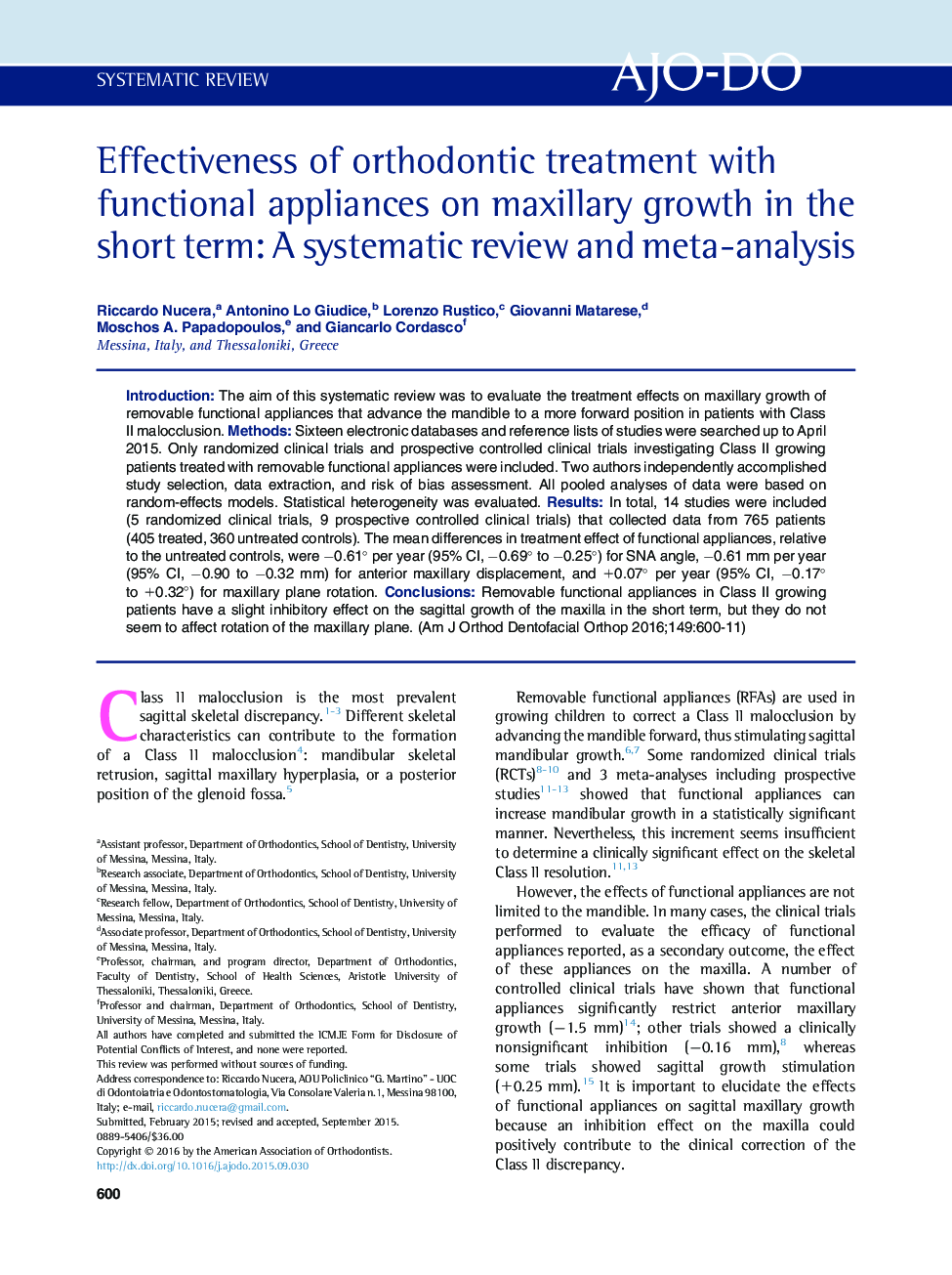 Effectiveness of orthodontic treatment with functional appliances on maxillary growth in the short term: A systematic review and meta-analysis