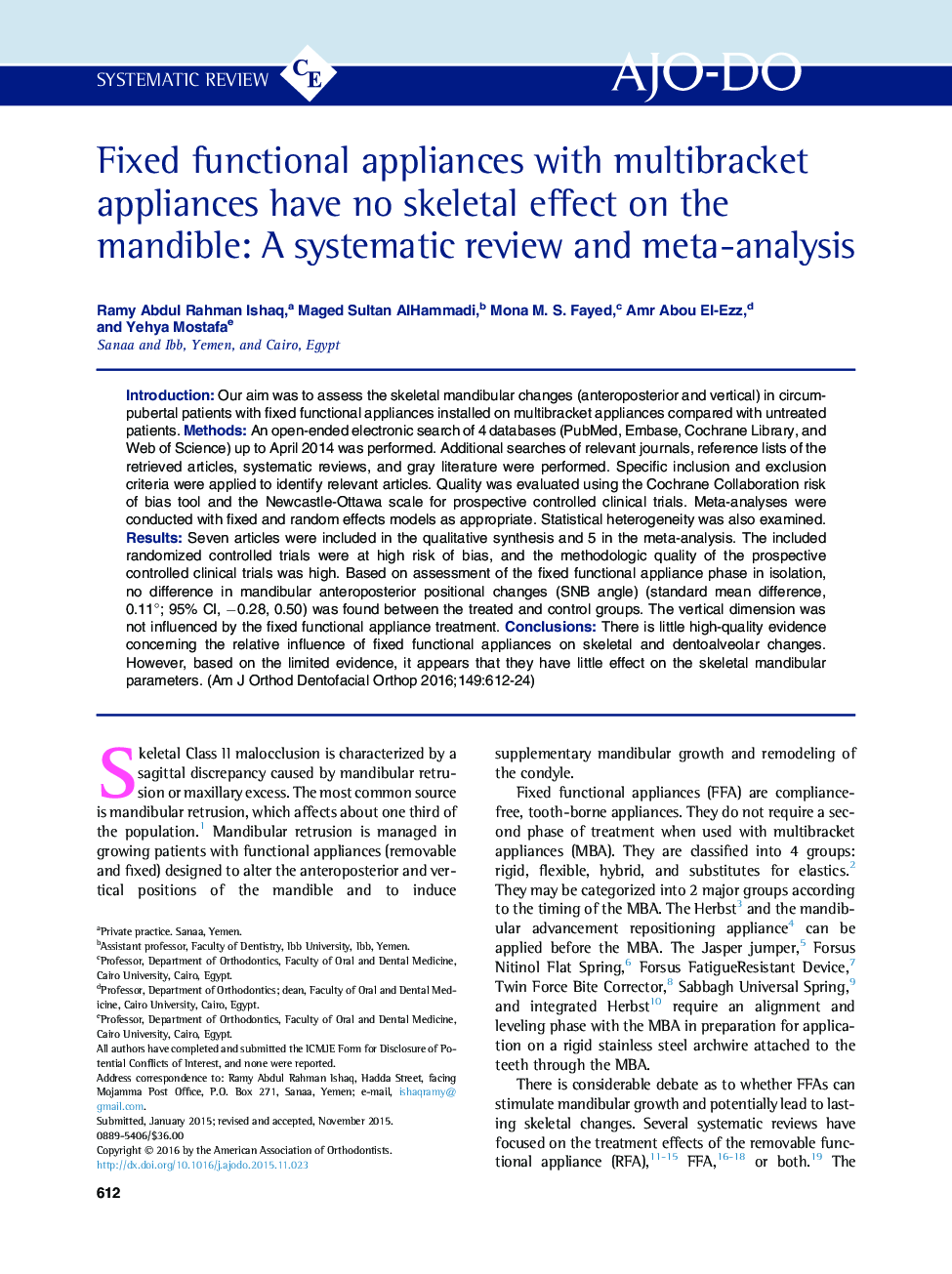 Fixed functional appliances with multibracket appliances have no skeletal effect on the mandible: A systematic review and meta-analysis 