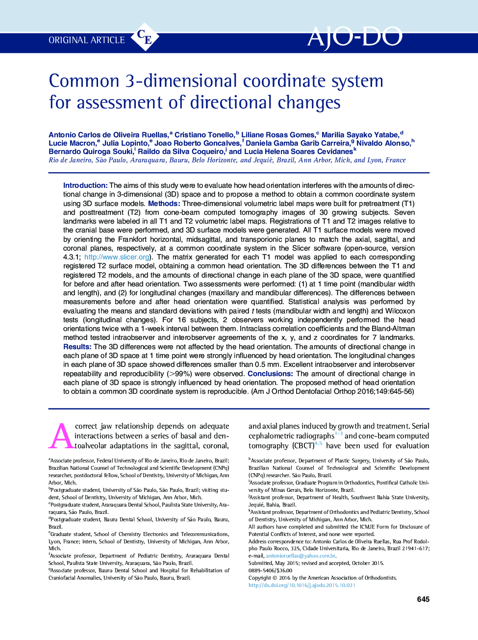 Common 3-dimensional coordinate system for assessment of directional changes 