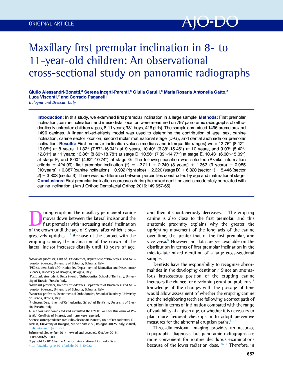 Maxillary first premolar inclination in 8- to 11-year-old children: An observational cross-sectional study on panoramic radiographs 