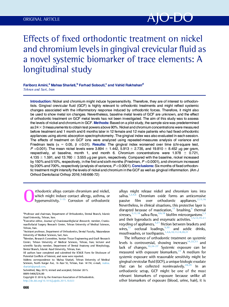 Effects of fixed orthodontic treatment on nickel and chromium levels in gingival crevicular fluid as a novel systemic biomarker of trace elements: A longitudinal study 