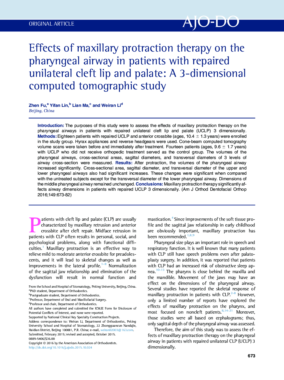 Effects of maxillary protraction therapy on the pharyngeal airway in patients with repaired unilateral cleft lip and palate: A 3-dimensional computed tomographic study 