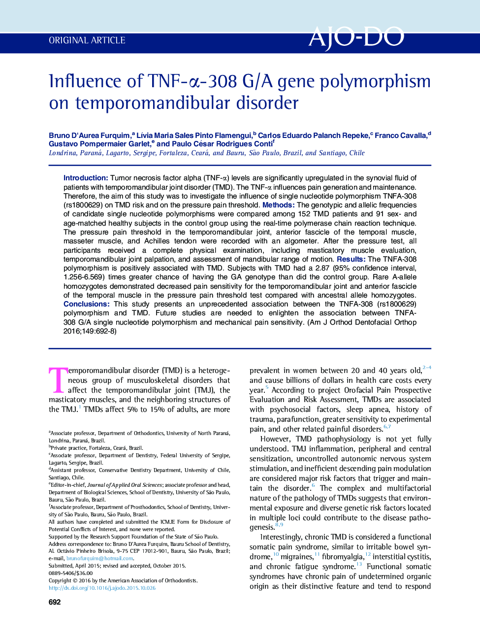 Influence of TNF-α-308 G/A gene polymorphism on temporomandibular disorder 