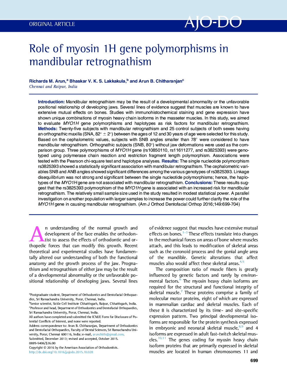 Role of myosin 1H gene polymorphisms in mandibular retrognathism