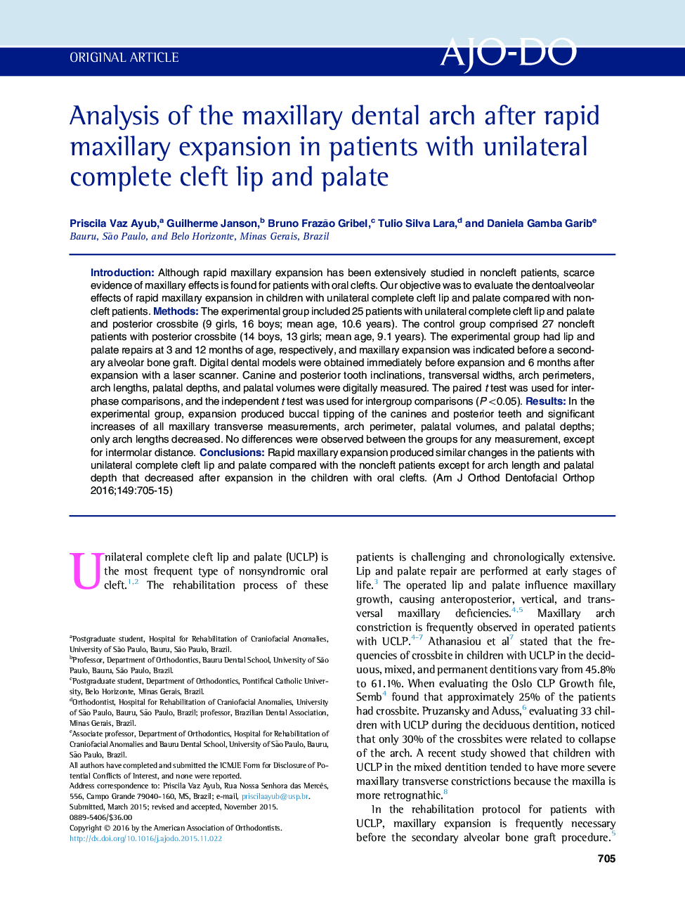 Analysis of the maxillary dental arch after rapid maxillary expansion in patients with unilateral complete cleft lip and palate 