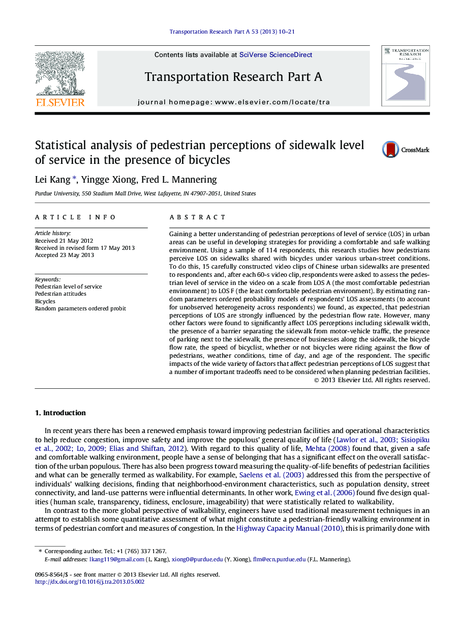 Statistical analysis of pedestrian perceptions of sidewalk level of service in the presence of bicycles