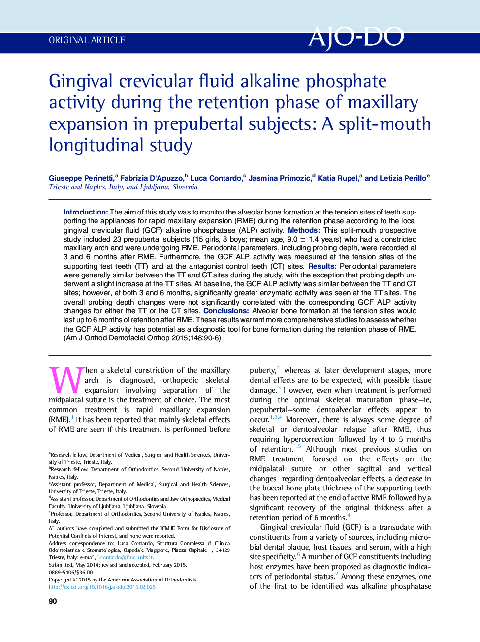 Gingival crevicular fluid alkaline phosphate activity during the retention phase of maxillary expansion in prepubertal subjects: A split-mouth longitudinal study 