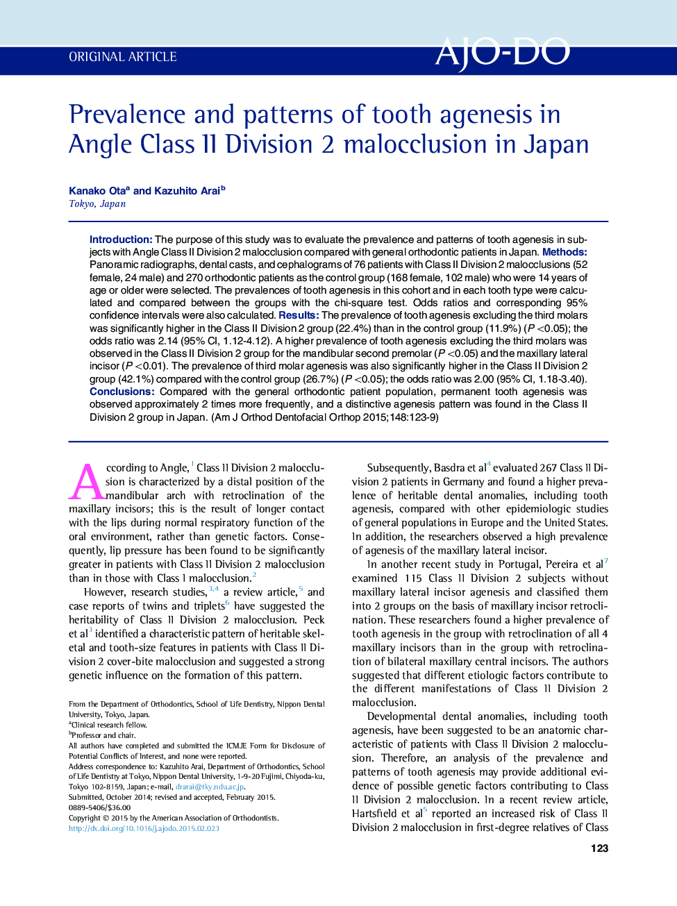 Prevalence and patterns of tooth agenesis in Angle Class II Division 2 malocclusion in Japan 