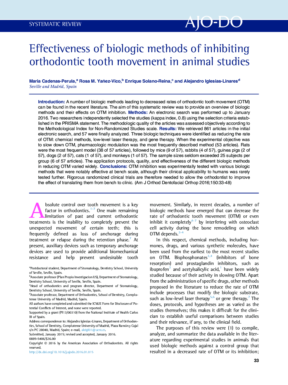 Effectiveness of biologic methods of inhibiting orthodontic tooth movement in animal studies 