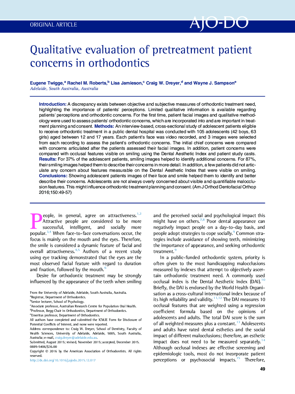 Qualitative evaluation of pretreatment patient concerns in orthodontics 