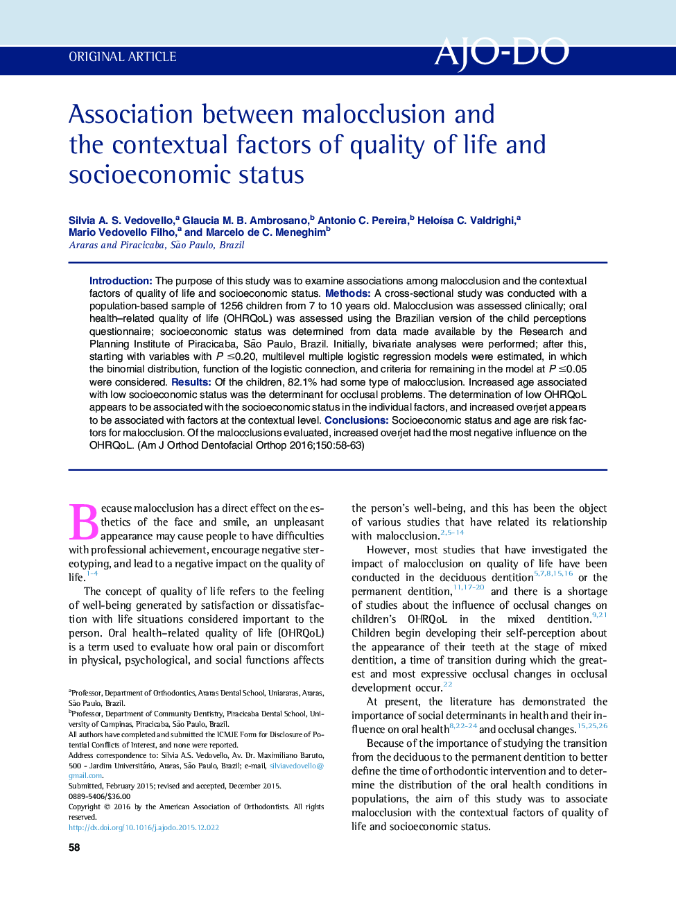 Association between malocclusion and the contextual factors of quality of life and socioeconomic status 