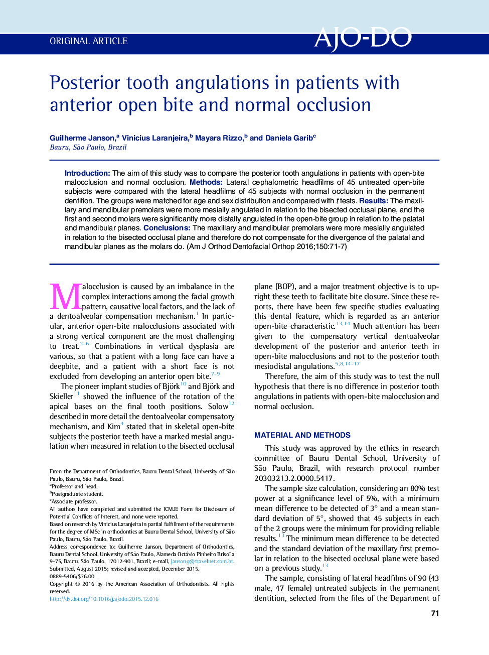 Posterior tooth angulations in patients with anterior open bite and normal occlusion 