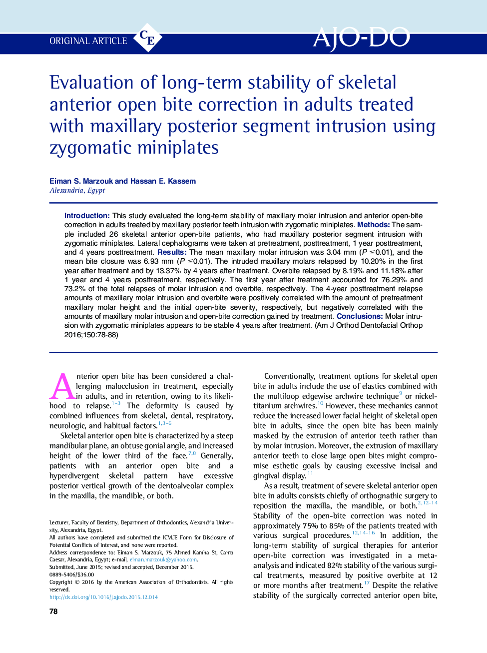 Evaluation of long-term stability of skeletal anterior open bite correction in adults treated with maxillary posterior segment intrusion using zygomatic miniplates 