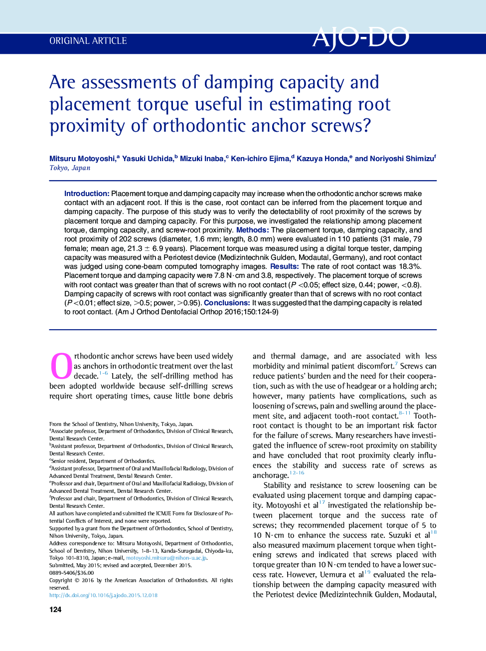 Are assessments of damping capacity and placement torque useful in estimating root proximity of orthodontic anchor screws? 