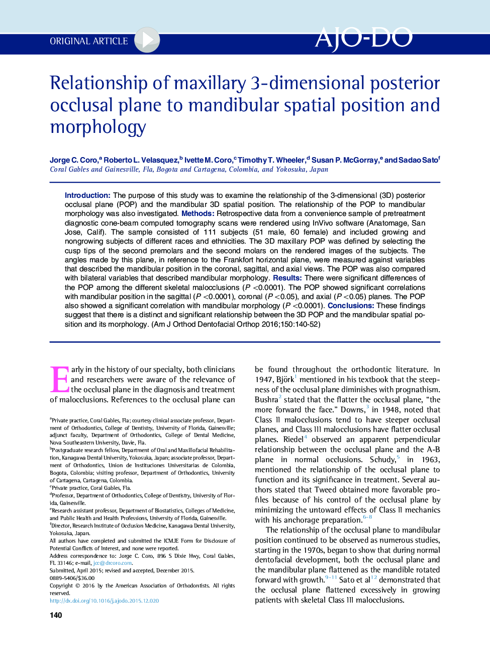 Relationship of maxillary 3-dimensional posterior occlusal plane to mandibular spatial position and morphology 