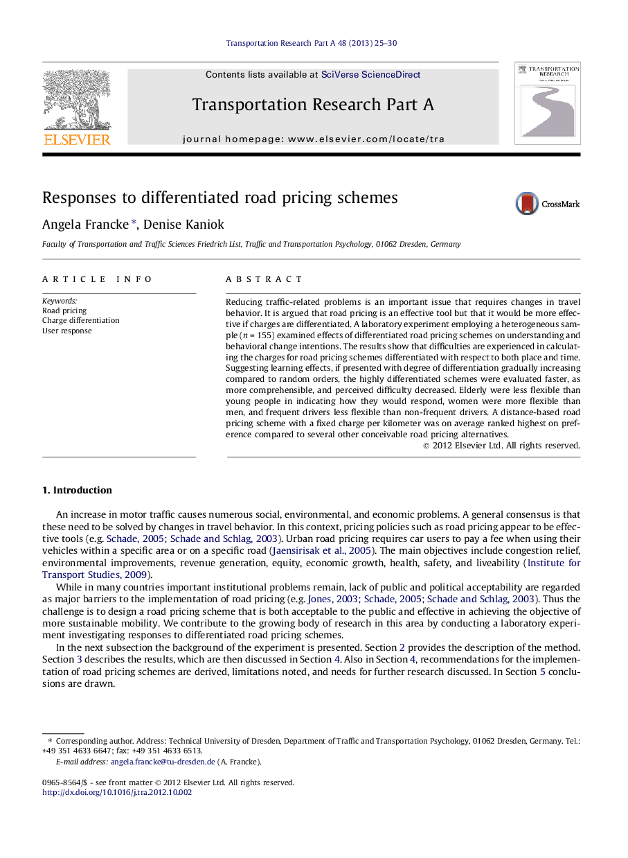 Responses to differentiated road pricing schemes