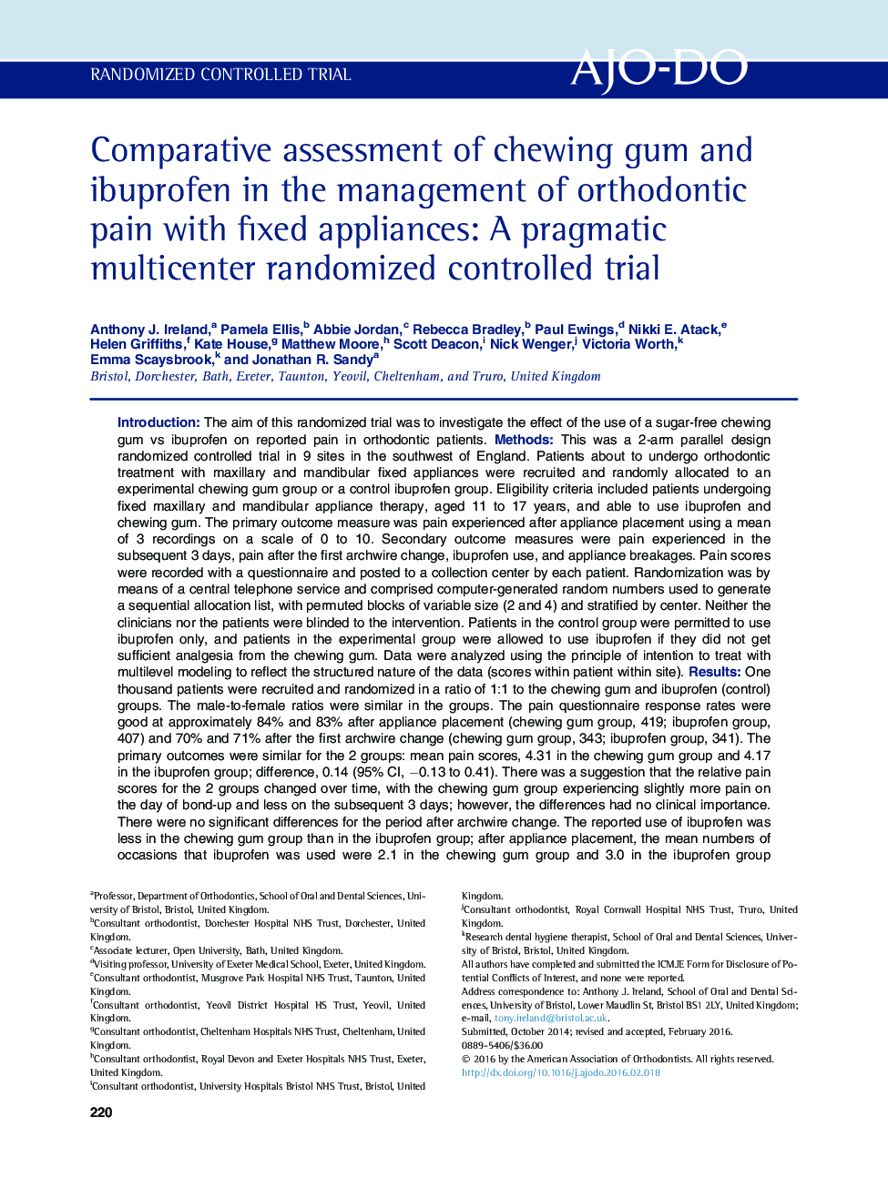 Comparative assessment of chewing gum and ibuprofen in the management of orthodontic pain with fixed appliances: A pragmatic multicenter randomized controlled trial 