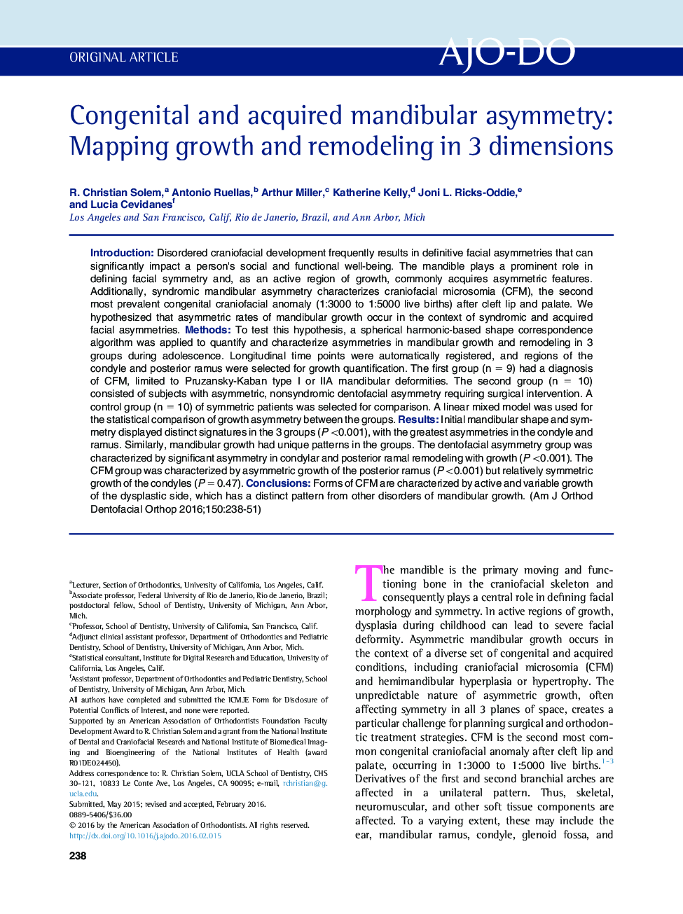 Congenital and acquired mandibular asymmetry: Mapping growth and remodeling in 3 dimensions 