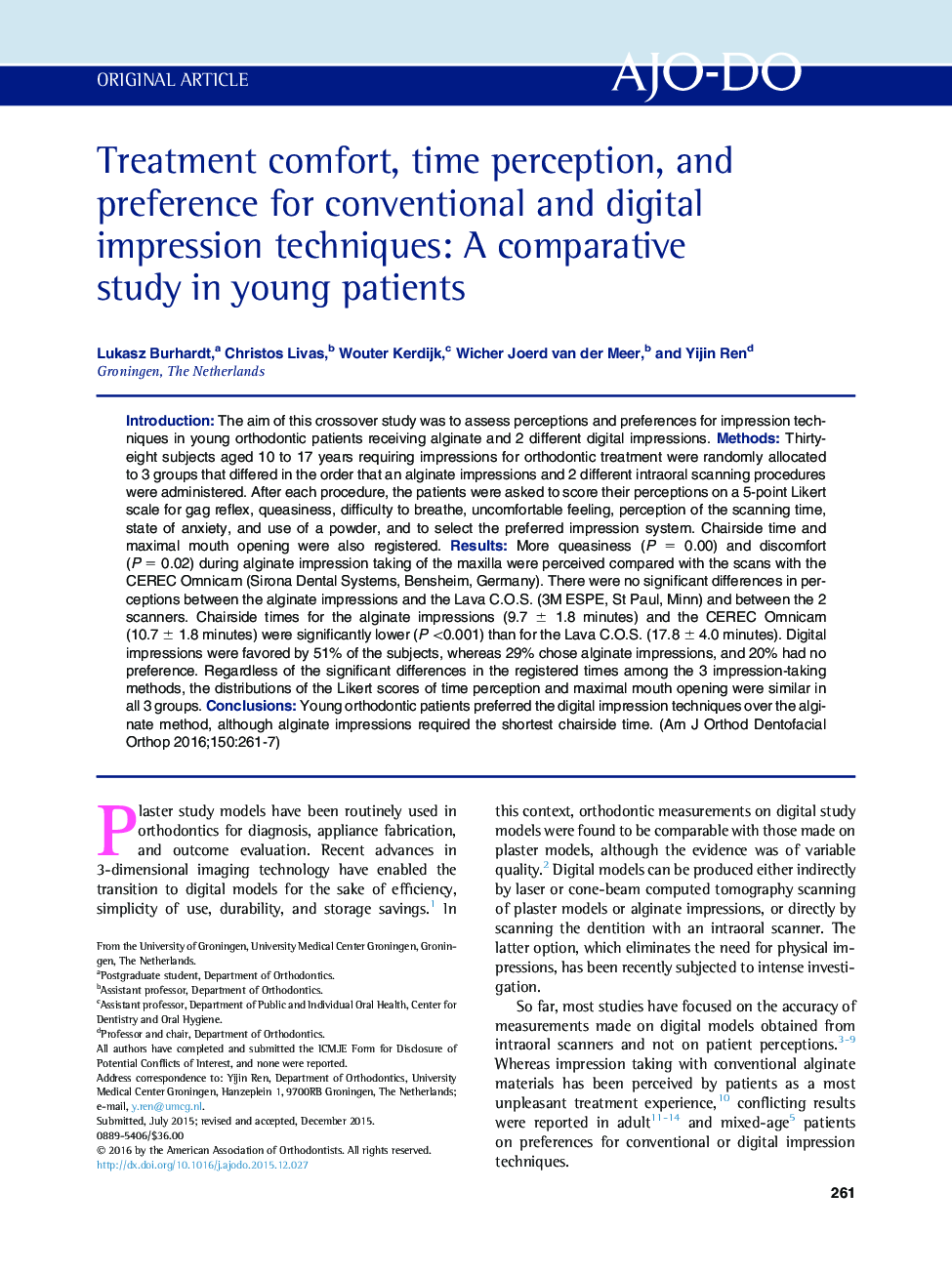 Treatment comfort, time perception, and preference for conventional and digital impression techniques: A comparative study in young patients 