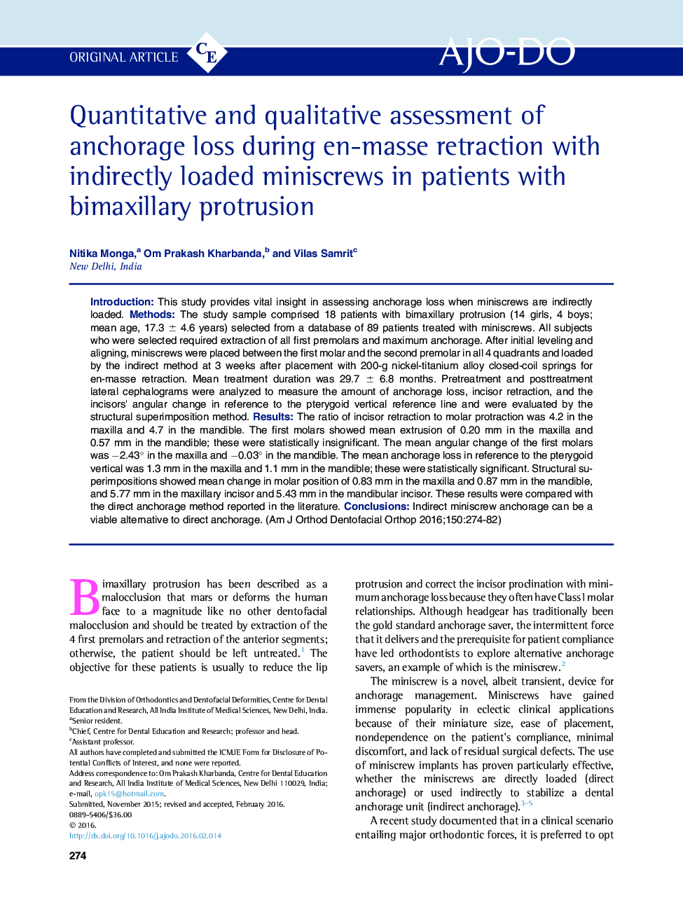 Quantitative and qualitative assessment of anchorage loss during en-masse retraction with indirectly loaded miniscrews in patients with bimaxillary protrusion 