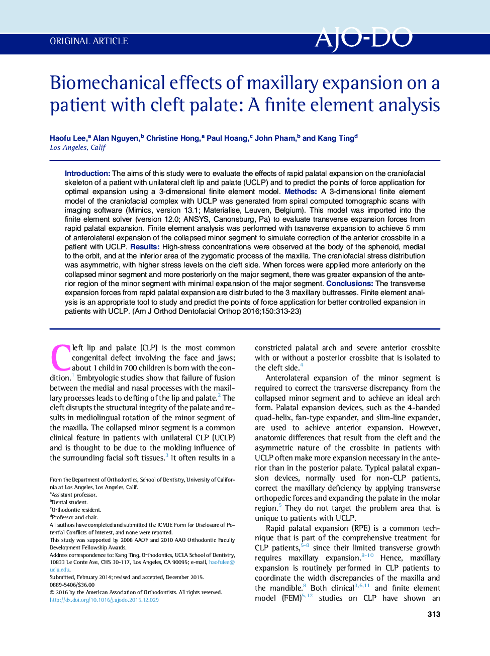 Biomechanical effects of maxillary expansion on a patient with cleft palate: A finite element analysis 