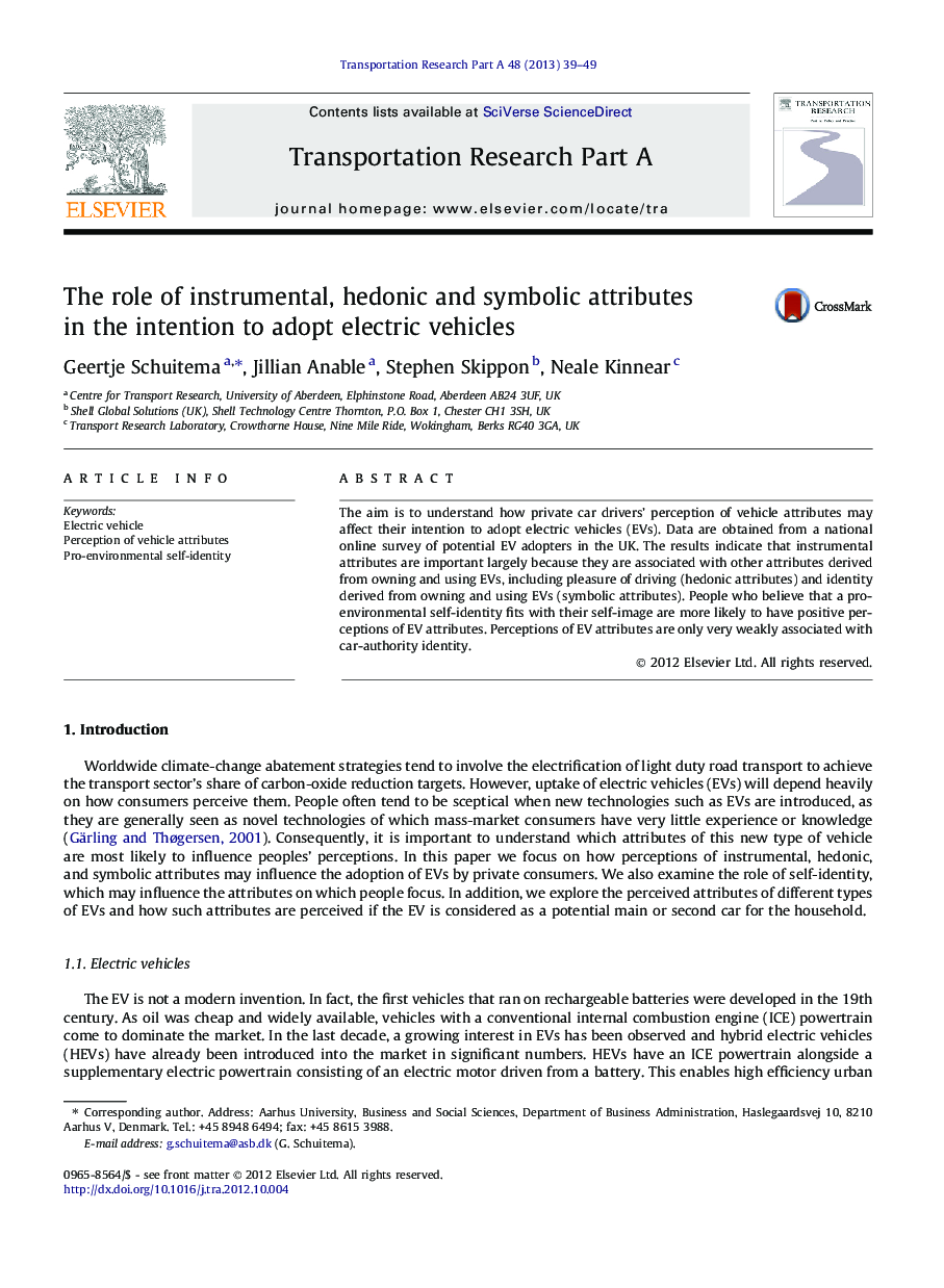 The role of instrumental, hedonic and symbolic attributes in the intention to adopt electric vehicles