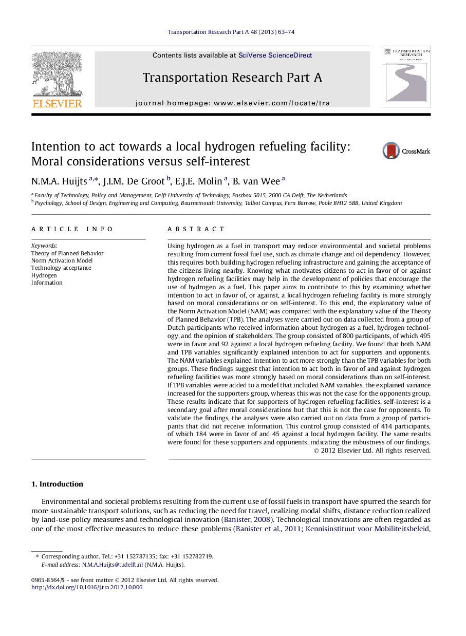 Intention to act towards a local hydrogen refueling facility: Moral considerations versus self-interest