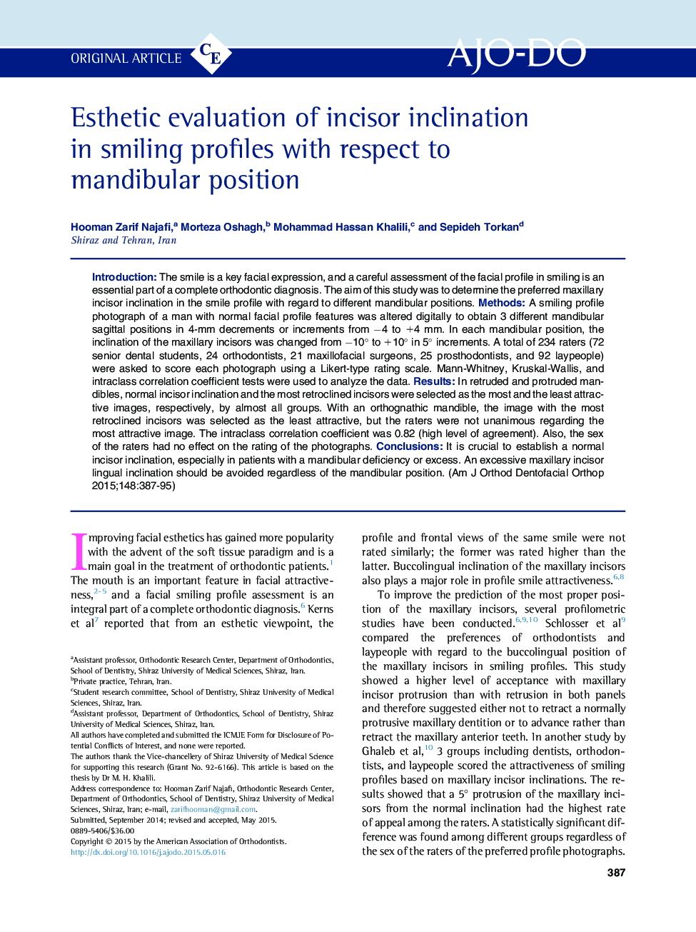 Esthetic evaluation of incisor inclination in smiling profiles with respect to mandibular position 