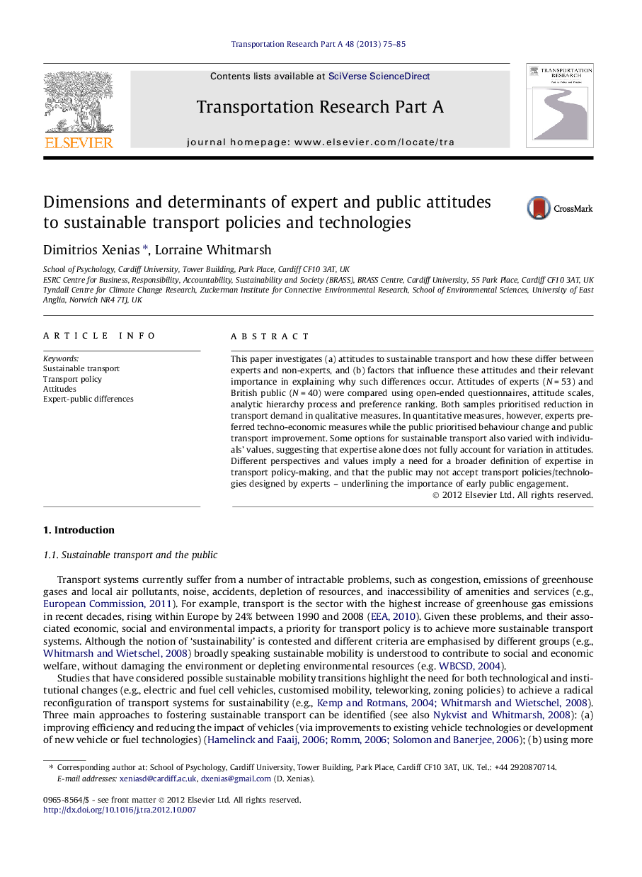 Dimensions and determinants of expert and public attitudes to sustainable transport policies and technologies