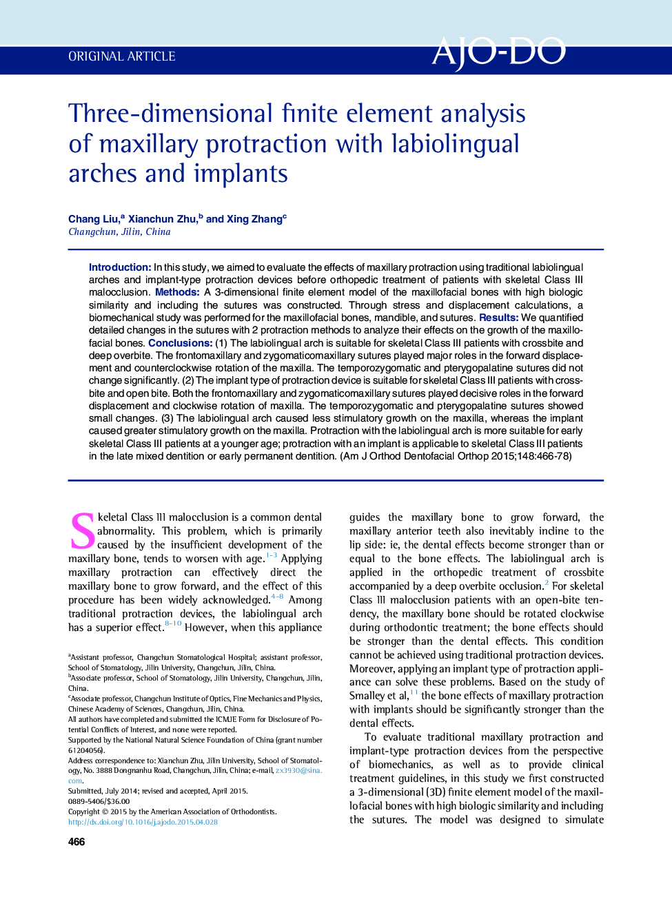 Three-dimensional finite element analysis of maxillary protraction with labiolingual arches and implants 