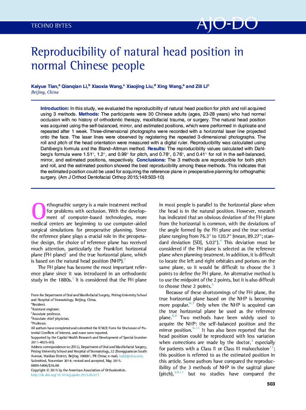 Reproducibility of natural head position in normal Chinese people 