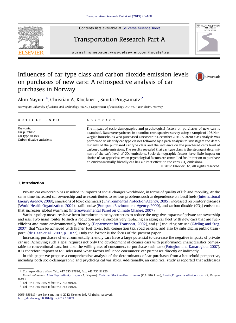 Influences of car type class and carbon dioxide emission levels on purchases of new cars: A retrospective analysis of car purchases in Norway