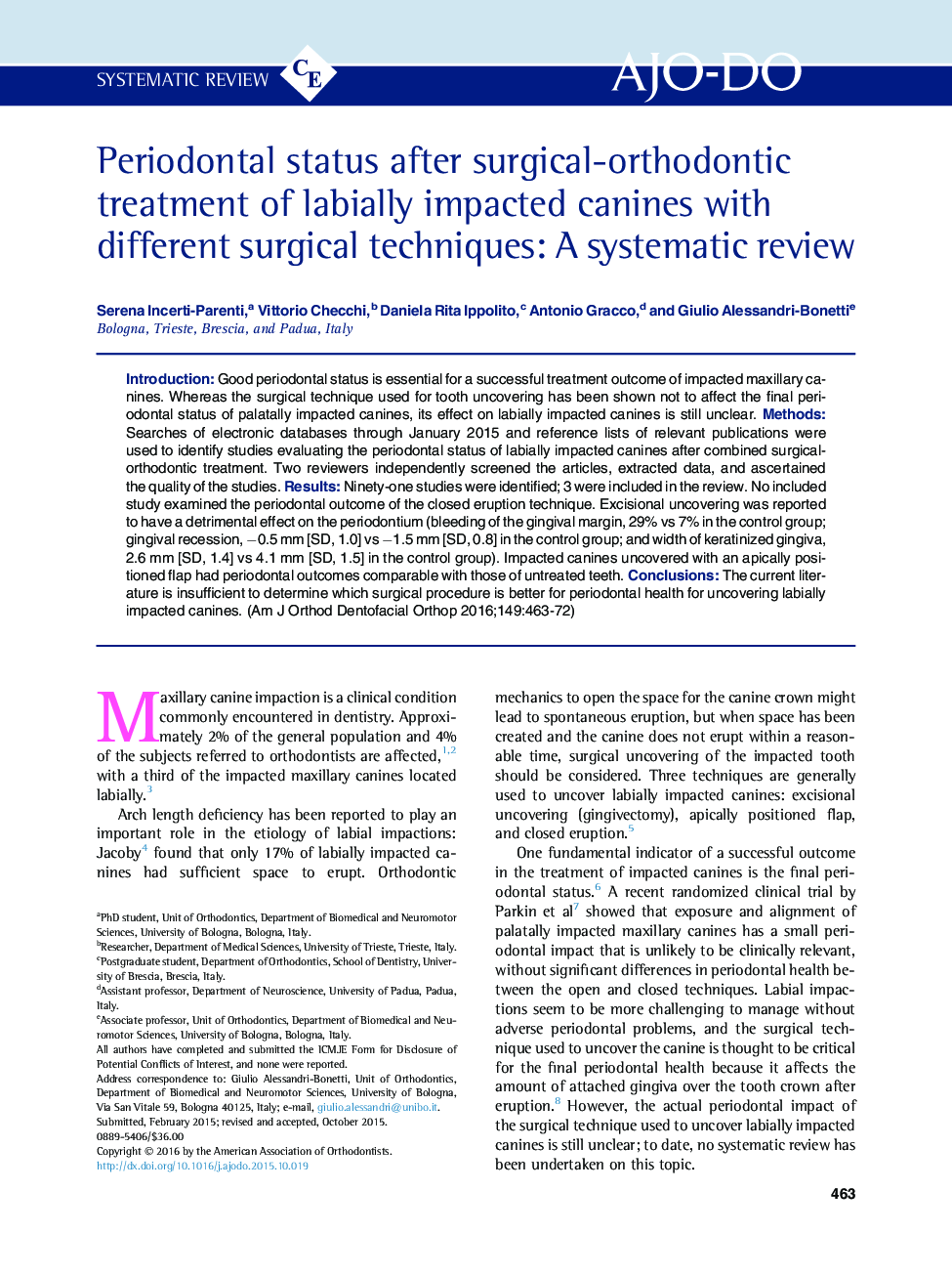 Periodontal status after surgical-orthodontic treatment of labially impacted canines with different surgical techniques: A systematic review 