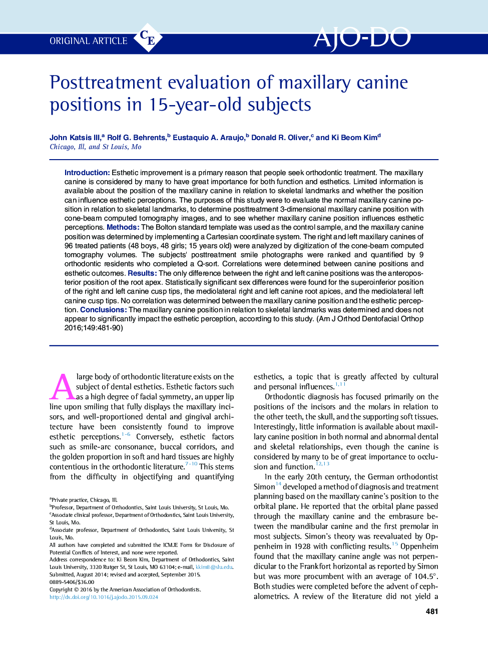 Posttreatment evaluation of maxillary canine positions in 15-year-old subjects 