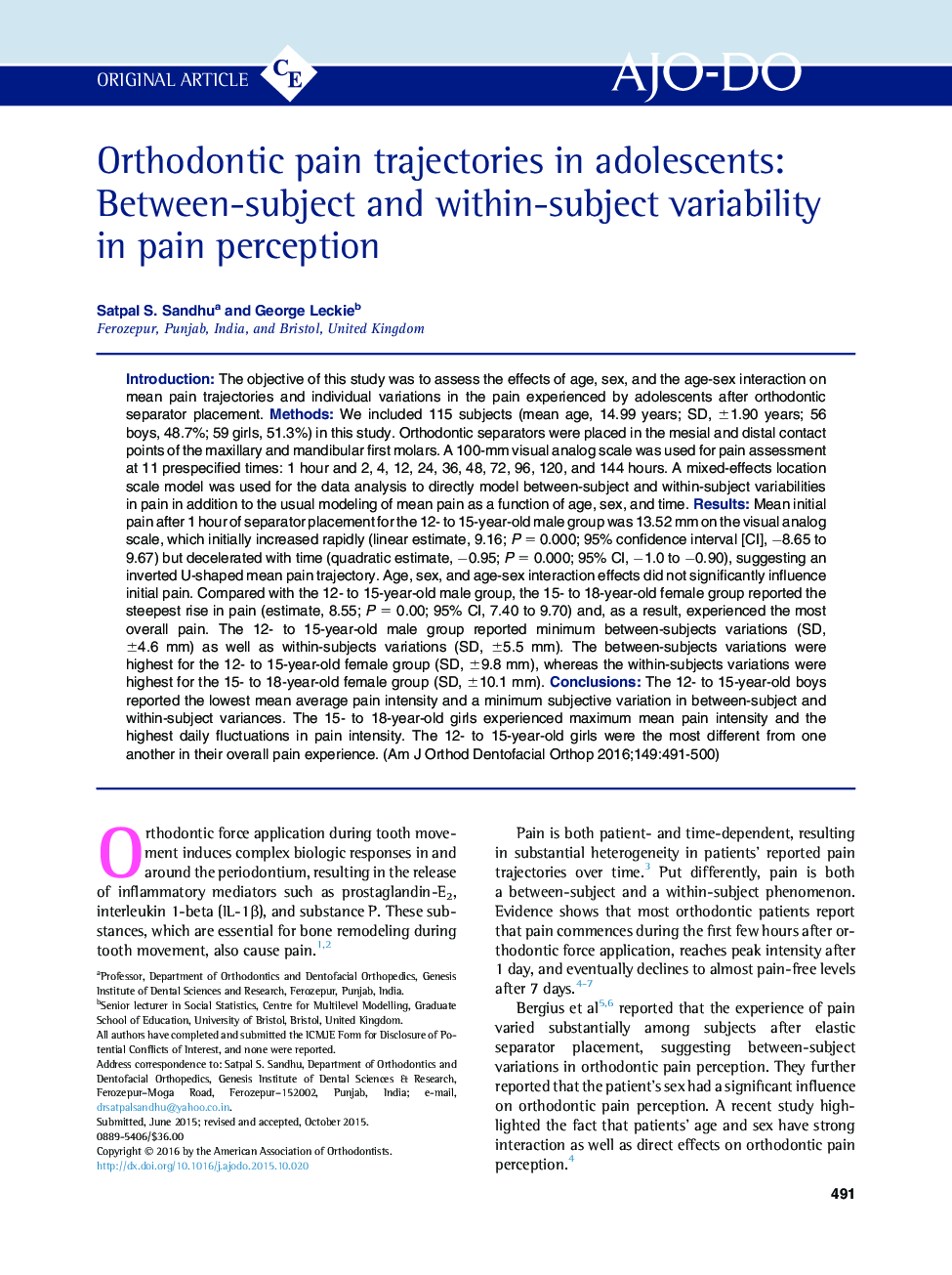 Orthodontic pain trajectories in adolescents: Between-subject and within-subject variability inÂ pain perception