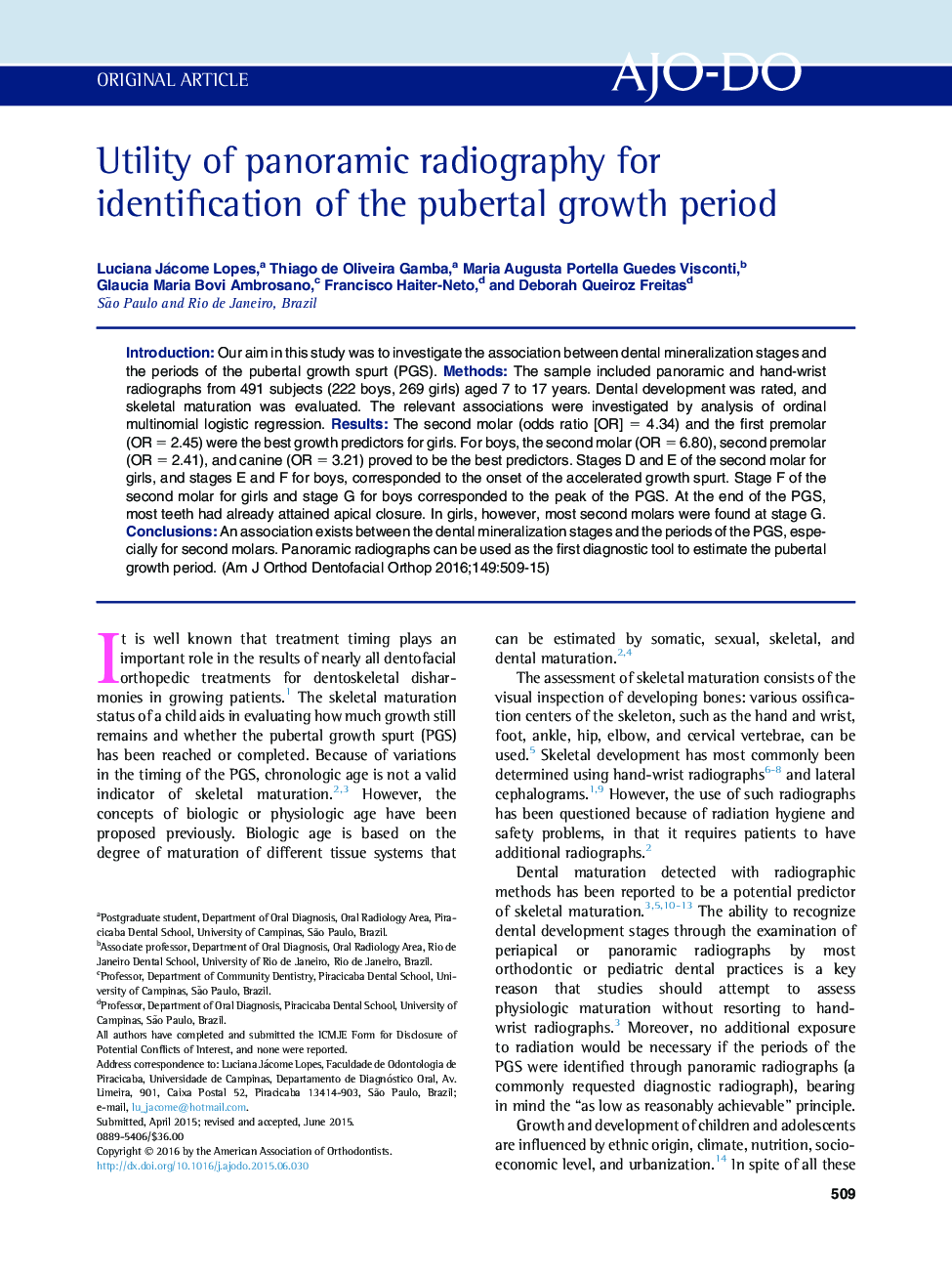 Utility of panoramic radiography for identification of the pubertal growth period 