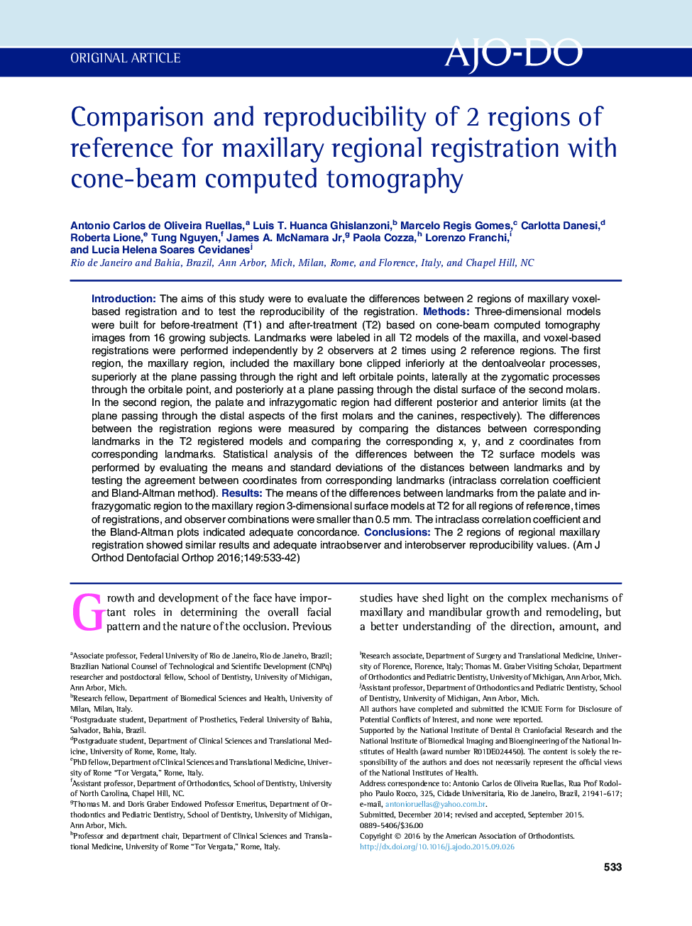 Comparison and reproducibility of 2 regions of reference for maxillary regional registration with cone-beam computed tomography 