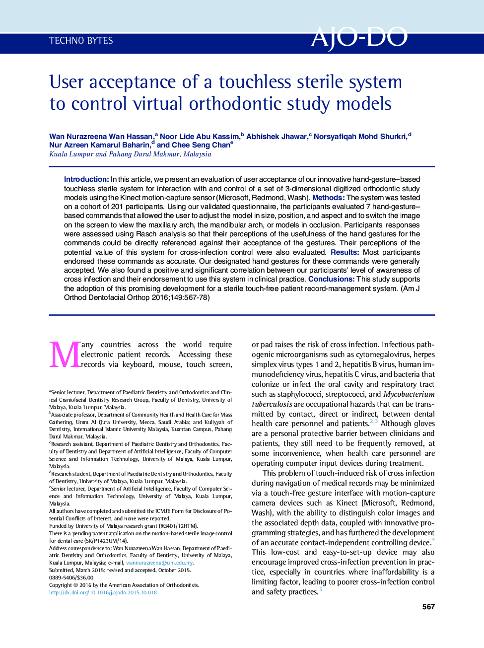 User acceptance of a touchless sterile system to control virtual orthodontic study models 