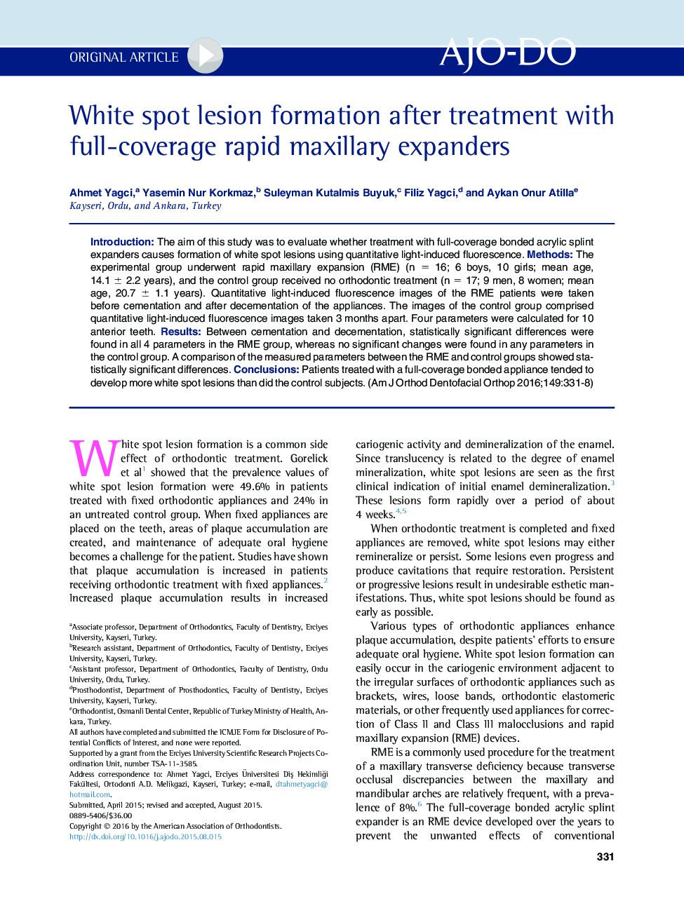 White spot lesion formation after treatment with full-coverage rapid maxillary expanders 