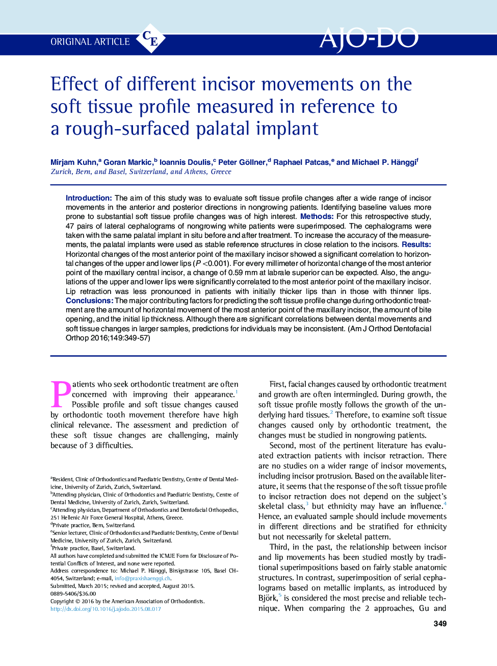 Effect of different incisor movements on the soft tissue profile measured in reference to a rough-surfaced palatal implant 