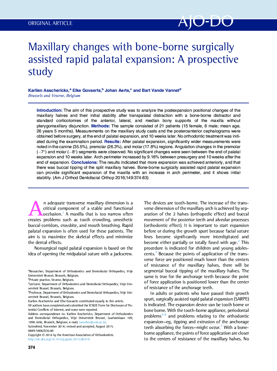 Maxillary changes with bone-borne surgically assisted rapid palatal expansion: A prospective study 