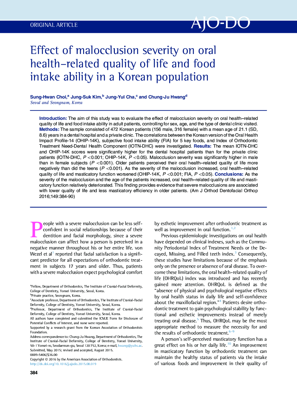 Effect of malocclusion severity on oral health–related quality of life and food intake ability in a Korean population 