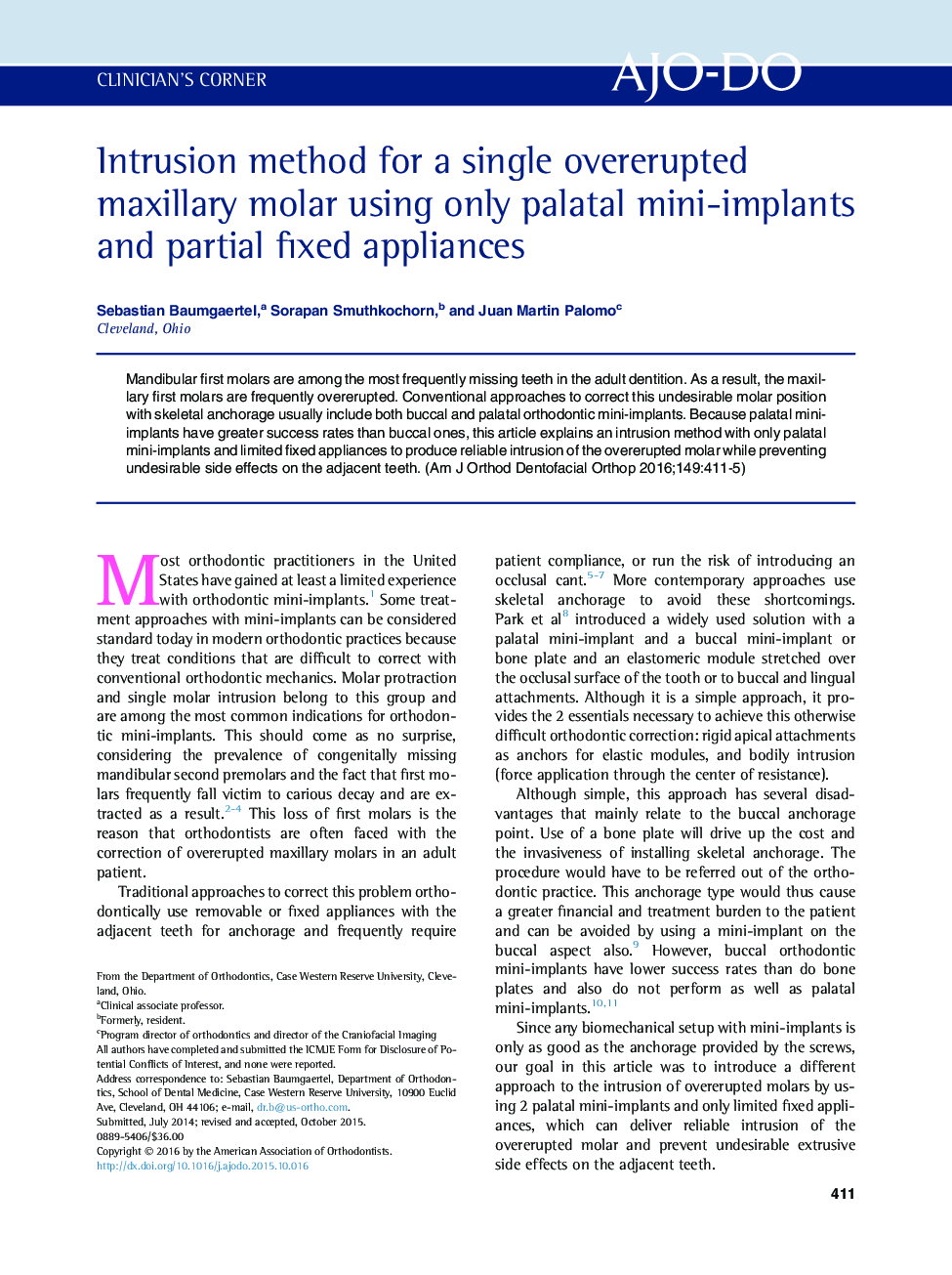 Intrusion method for a single overerupted maxillary molar using only palatal mini-implants and partial fixed appliances 