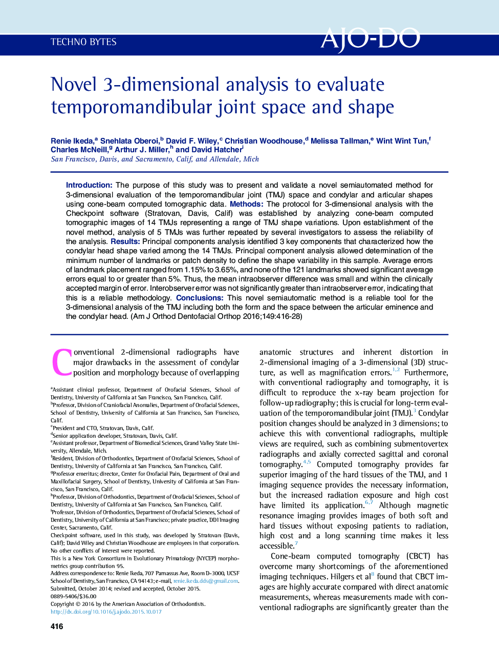 Novel 3-dimensional analysis to evaluate temporomandibular joint space and shape 