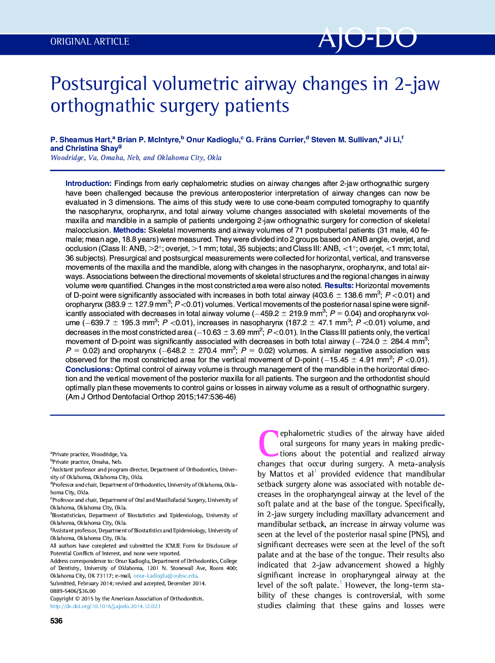 Postsurgical volumetric airway changes in 2-jaw orthognathic surgery patients