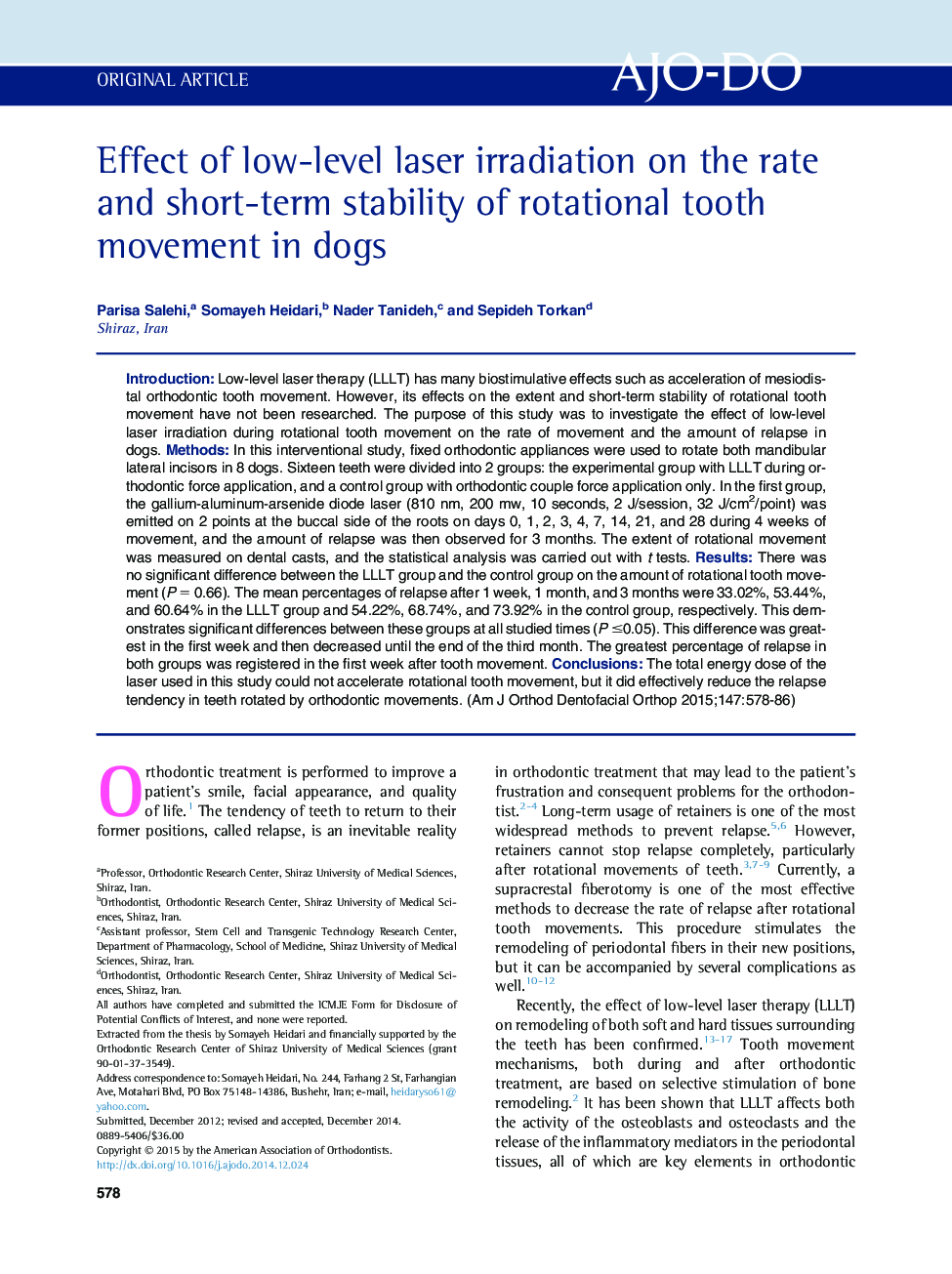 Effect of low-level laser irradiation on the rate and short-term stability of rotational tooth movement in dogs